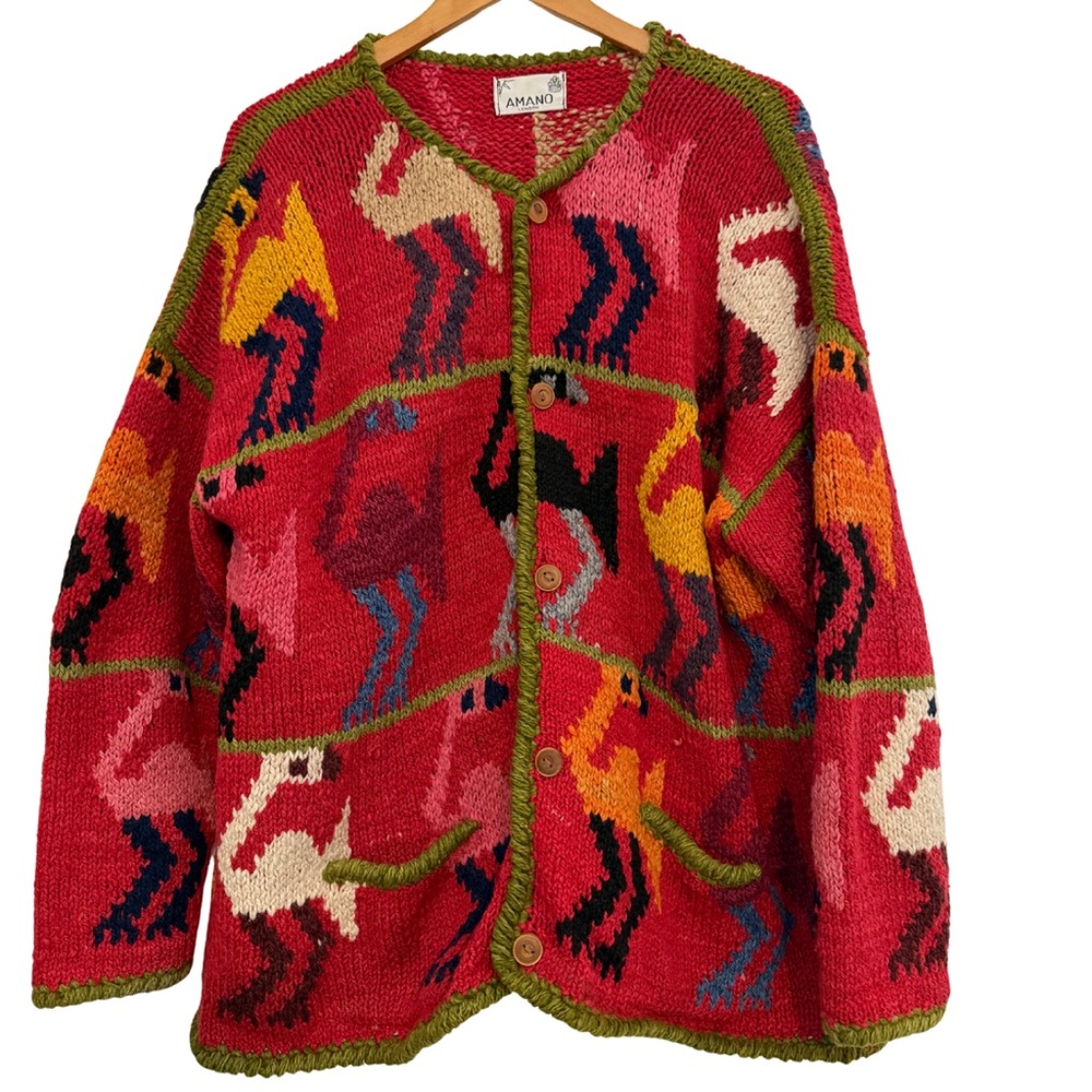 Amano Red Patterned Knit Cardigan Sweater